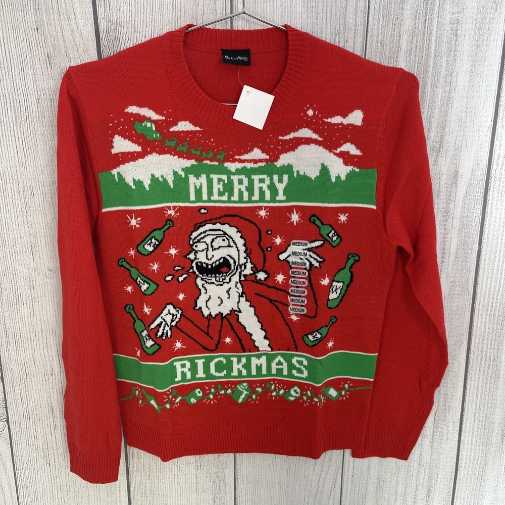 Rick & Morty Christmas Sweater Mens MEDIUM Red Green Merry Rickmas Holiday Ugly